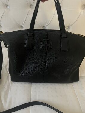 Tory Burch Black Pebbled Leather Tote with Logo Detail